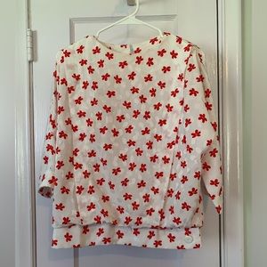Vintage White Blouse with Red Flowers and Quarter-Length Sleeves